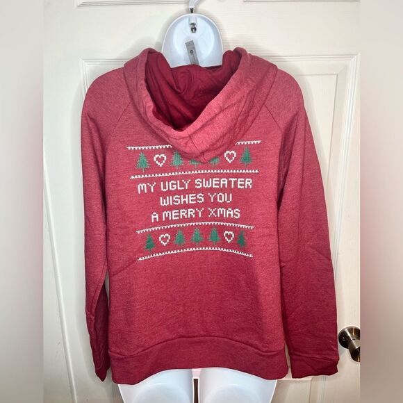 Modcloth Next Level Love My Ugly Christmas Sweater Zip Hoodie Sweatahirt Red L - Picture 5 of 12